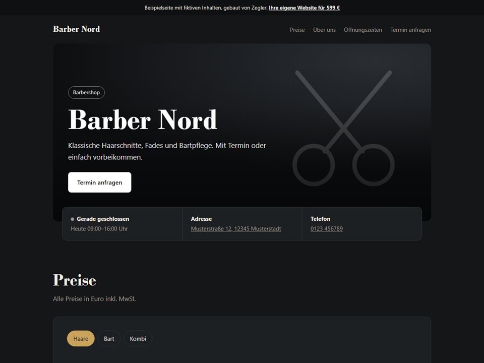 Beispielseite Barber Nord: Startseite mit Preisen, Öffnungszeiten und Terminanfrage