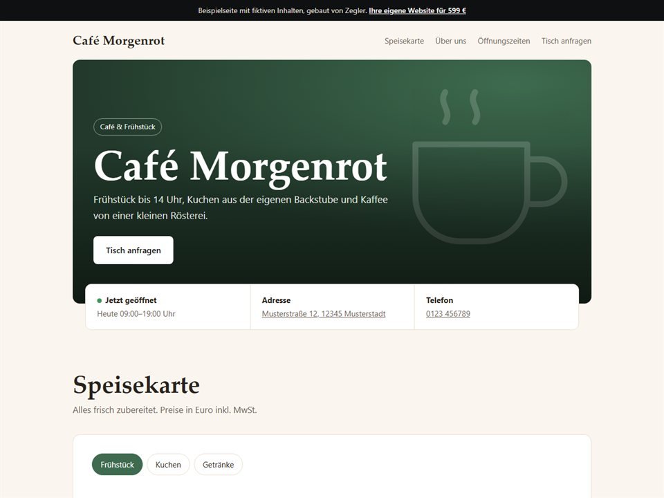 Beispielseite Café Morgenrot: Startseite mit Speisekarte, Öffnungszeiten und Tischanfrage