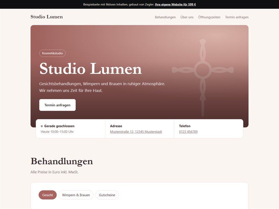 Beispielseite Studio Lumen: Startseite mit Behandlungen, Öffnungszeiten und Terminanfrage