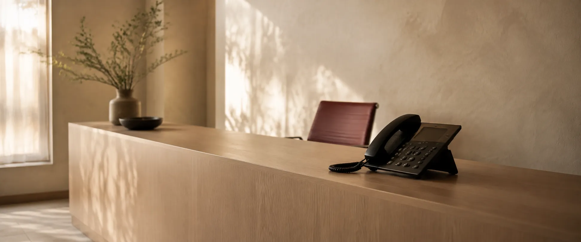 An empty, warmly lit clinic reception with a black desk phone on a light oak counter and a navy chair behind it.