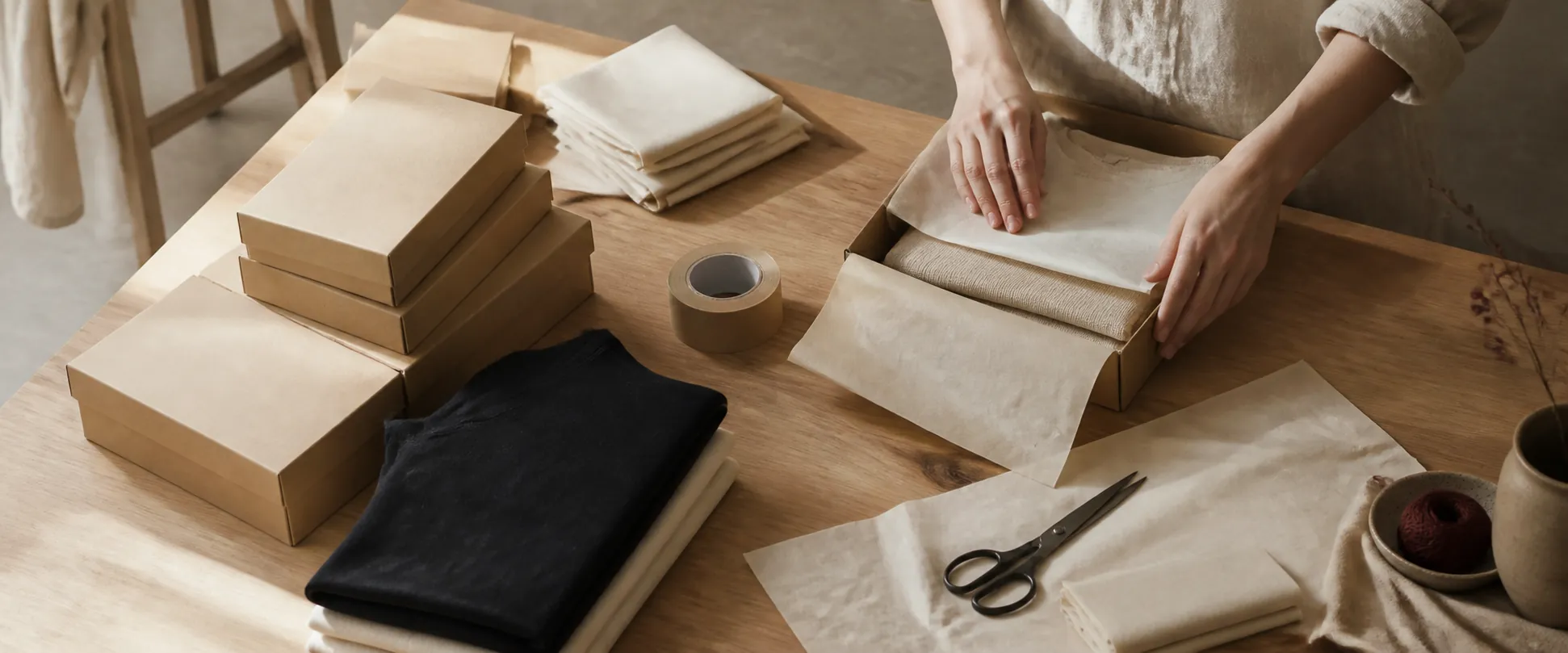 Hands wrap a folded neutral garment in tissue paper among kraft boxes on a sunlit wooden packing table.