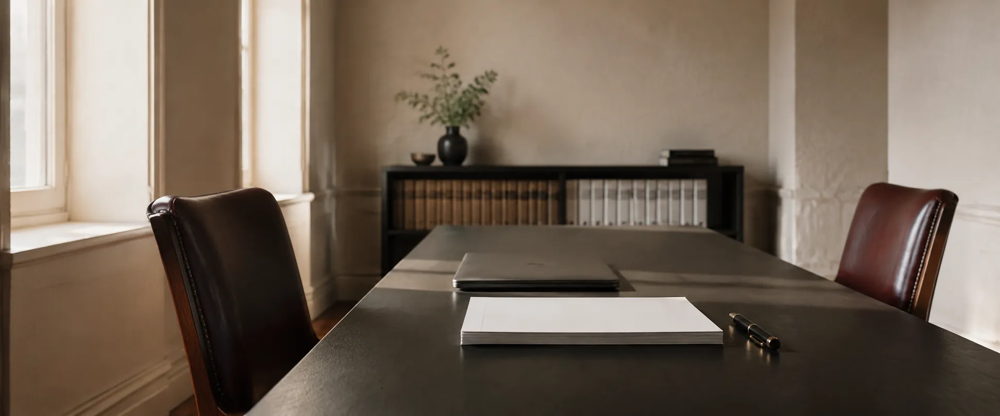 A closed laptop, squared papers, and a pen sit on a dark meeting table in a quiet, warmly lit professional practice.