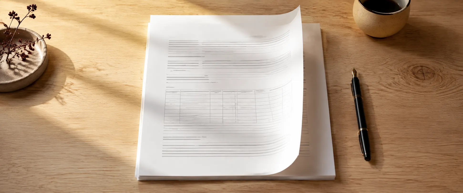 A printed scope document squared on a desk beside a fountain pen and a cup of coffee.