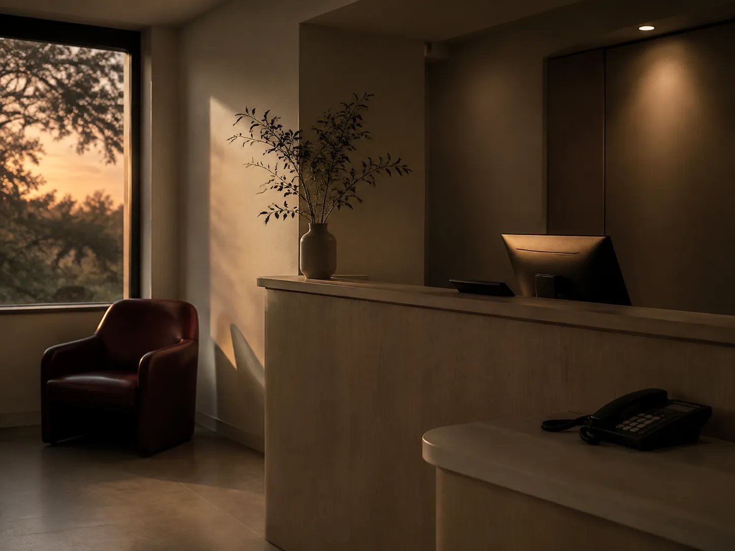 A clinic reception after closing time, lit only by a window and the glow of a monitor.