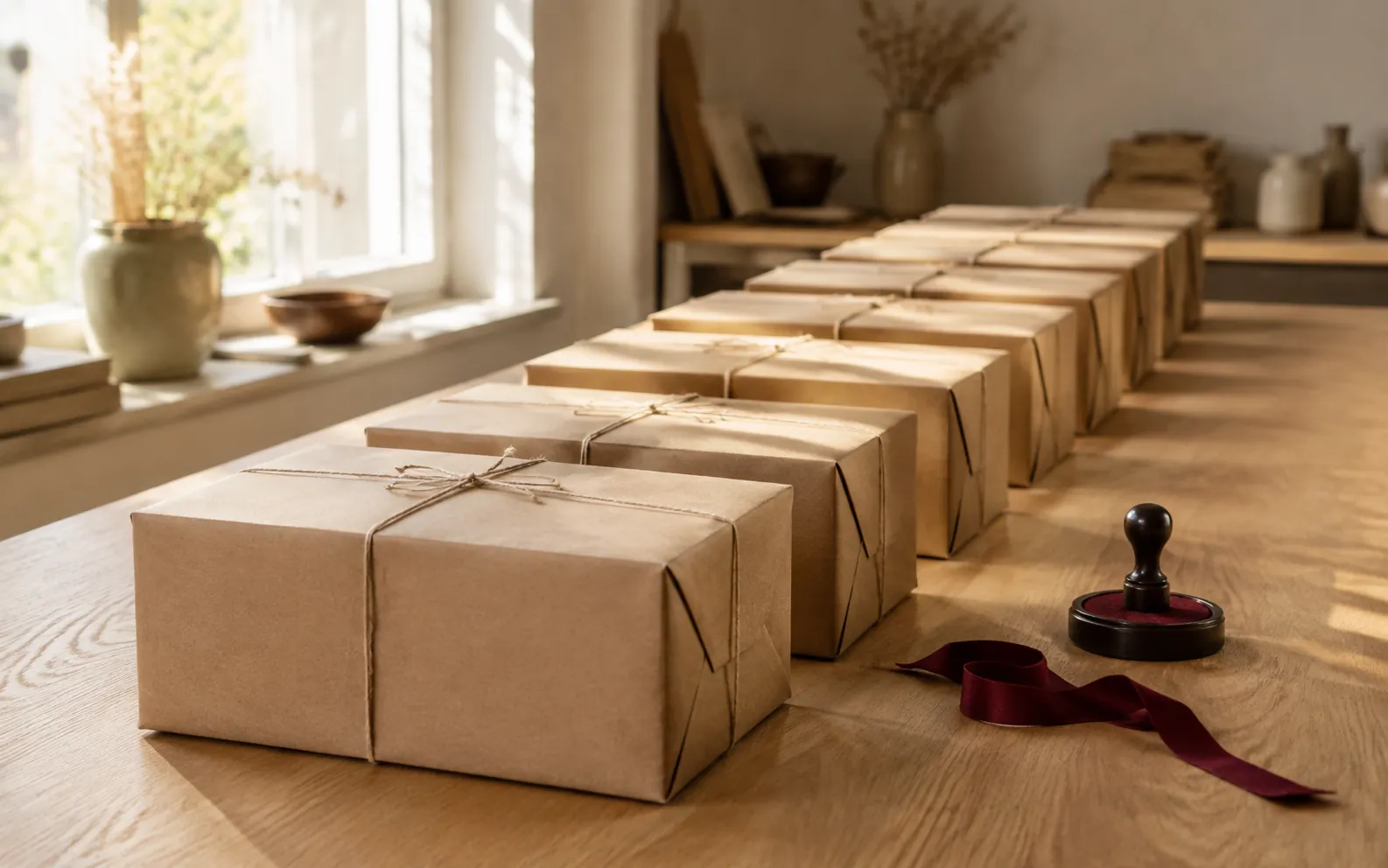 A row of identical kraft parcels tied with string on a sunlit workbench.