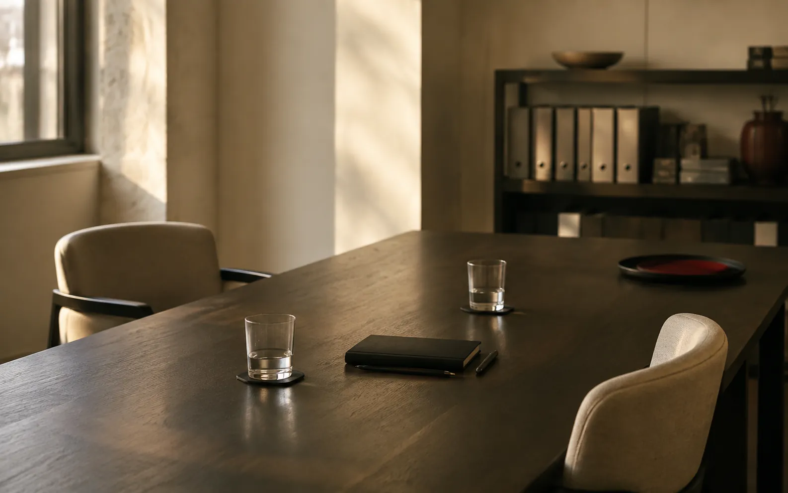 A meeting table just after a meeting: two glasses, a closed notebook and a pen.