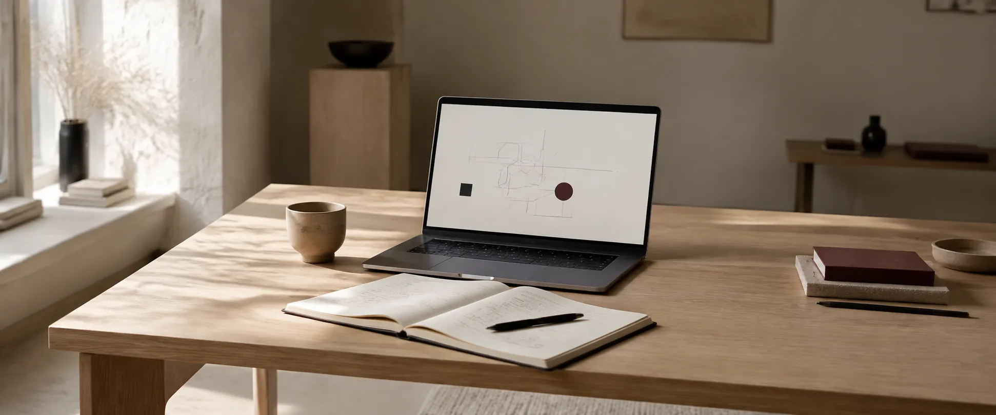 A laptop, open notebook, black pen and ceramic cup on a light oak desk in warm afternoon window light.